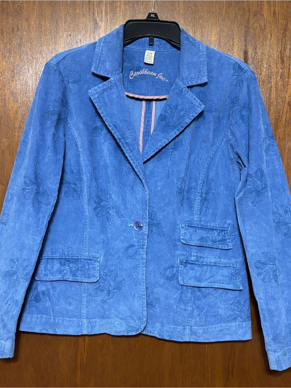 Caribbean Joe Blue Corduroy Floral-Embossed Blazer Sz 10